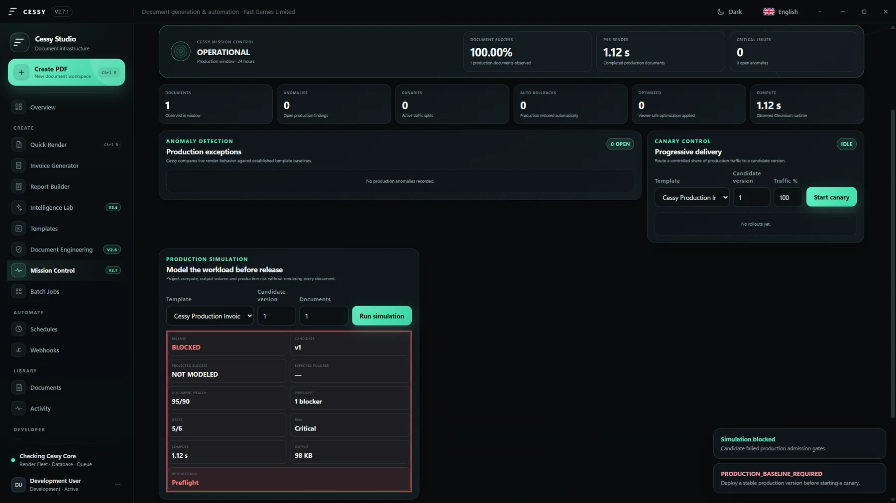 Cessy Mission Control production operations interface